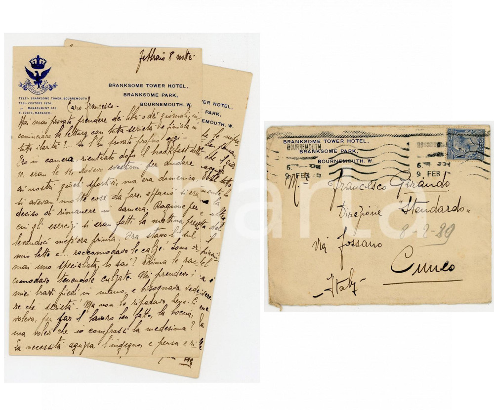 1926 BOURNEMOUTH Branksome Tower Hotel - Lettera a Francesco GIRAUDO "Stendardo"