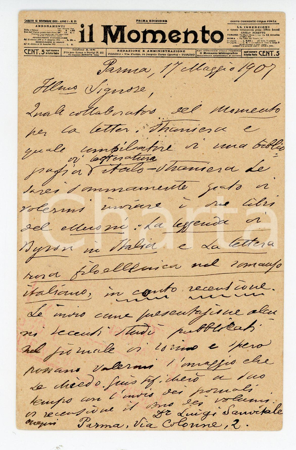 1907 PARMA IL MOMENTO Luigi SANVITALE chiede invio di libri *AUTOGRAFO FP