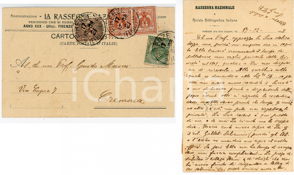 1908 FIRENZE Cartolina Giuseppe CIARDI-DUPRE' per collaborazione - AUTOGRAFO