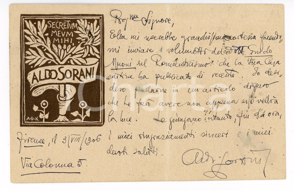 1906 FIRENZE Cartolina Aldo SORANI con illustrazione Adolfo DE CAROLIS - RARA