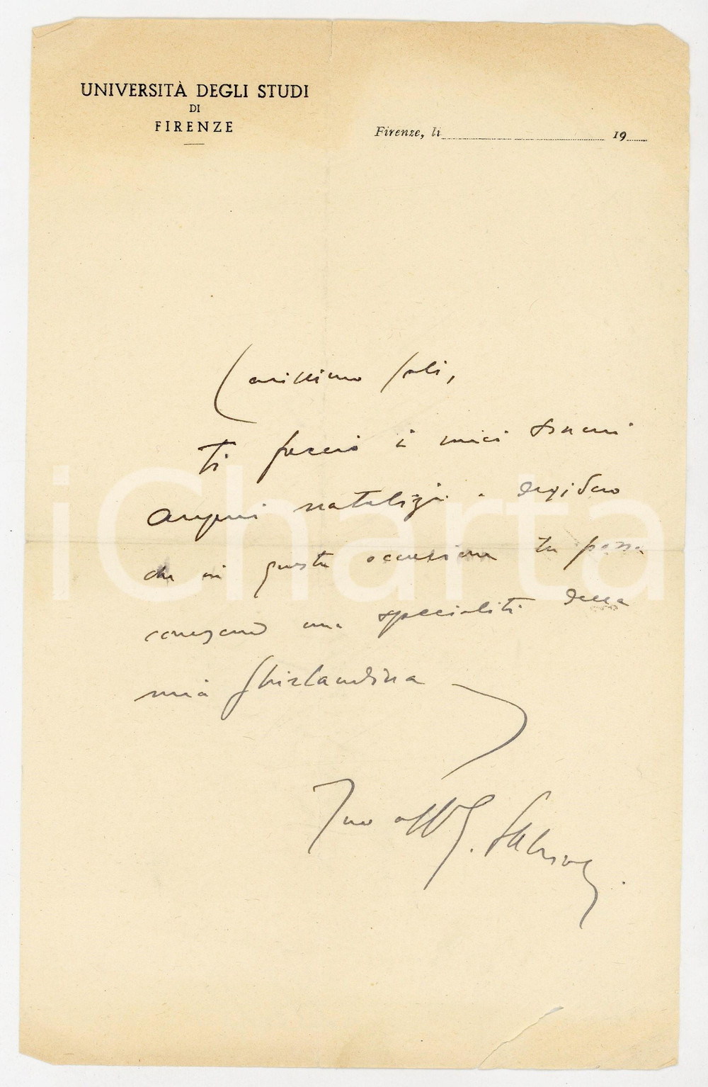 1950 ca Università di FIRENZE Lettera Gabriele SALVIOLI per auguri - AUTOGRAFO