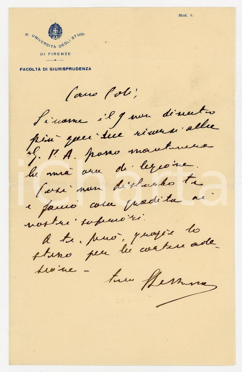 1940 ca FIRENZE Facoltà GIURISPRUDENZA Lettera prof. Silvio LESSONA - AUTOGRAFO