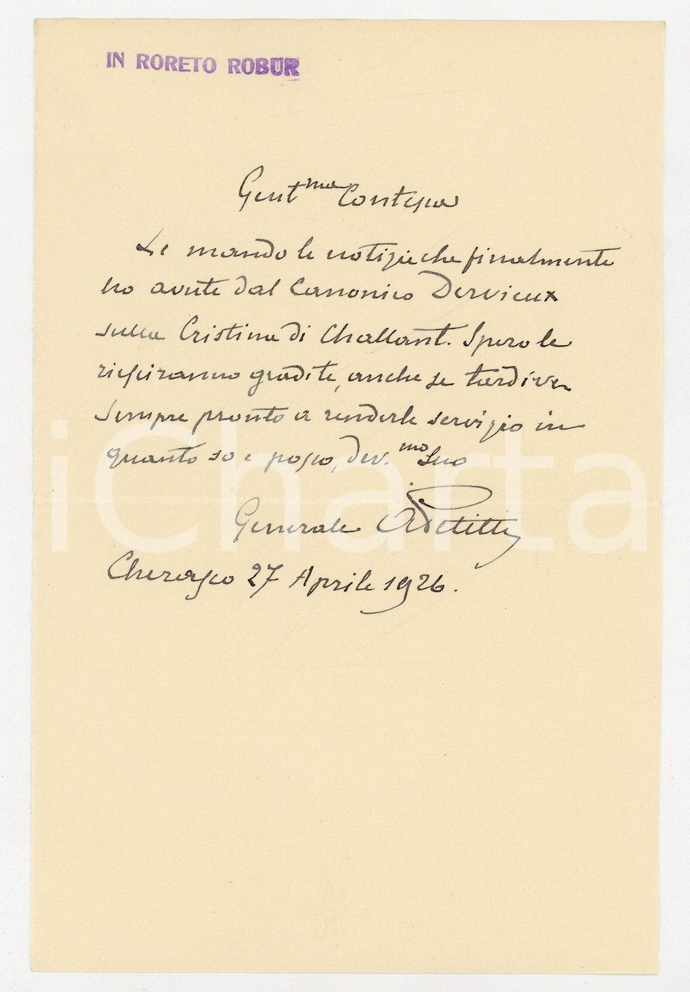 1926 CHERASCO Lettera generale A. PETITTI DI RORETO - AUTOGRAFO