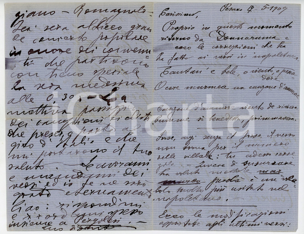 1909 PESARO Ugo Giuseppe GIGANTE corregge versi in napoletano - AUTOGRAFO