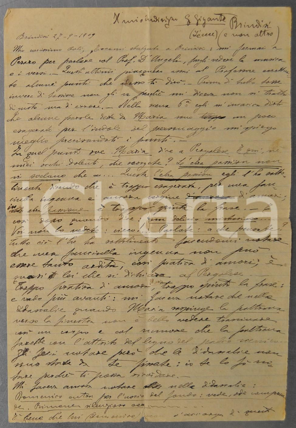1909 BRINDISI Ugo Giuseppe GIGANTE mostra le sue composizioni - AUTOGRAFO
