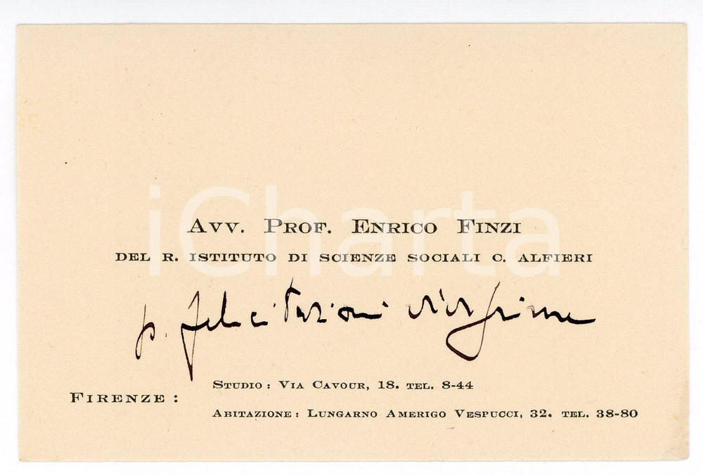 1925 ca FIRENZE Istituto ALFIERI - Biglietto prof. Enrico FINZI - Autografo