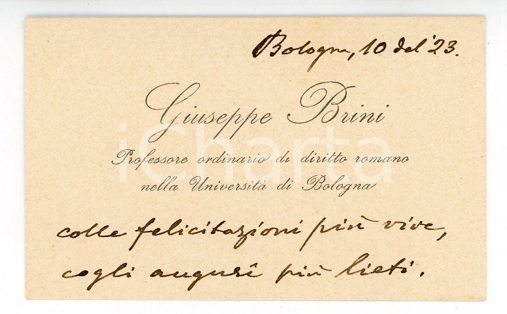 1923 BOLOGNA - Biglietto Giuseppe BRINI prof. diritto romano - Autografo