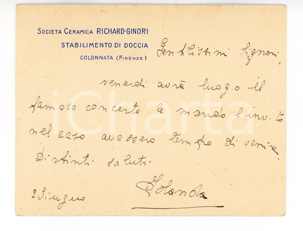 1920 ca DOCCIA / COLONNATA (FI) Società Ceramica RICHARD-GINORI Biglietto invito