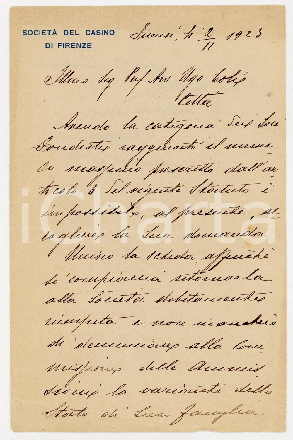 1923 FIRENZE Società del CASINO - Lettera per domanda adesione *Carta intestata