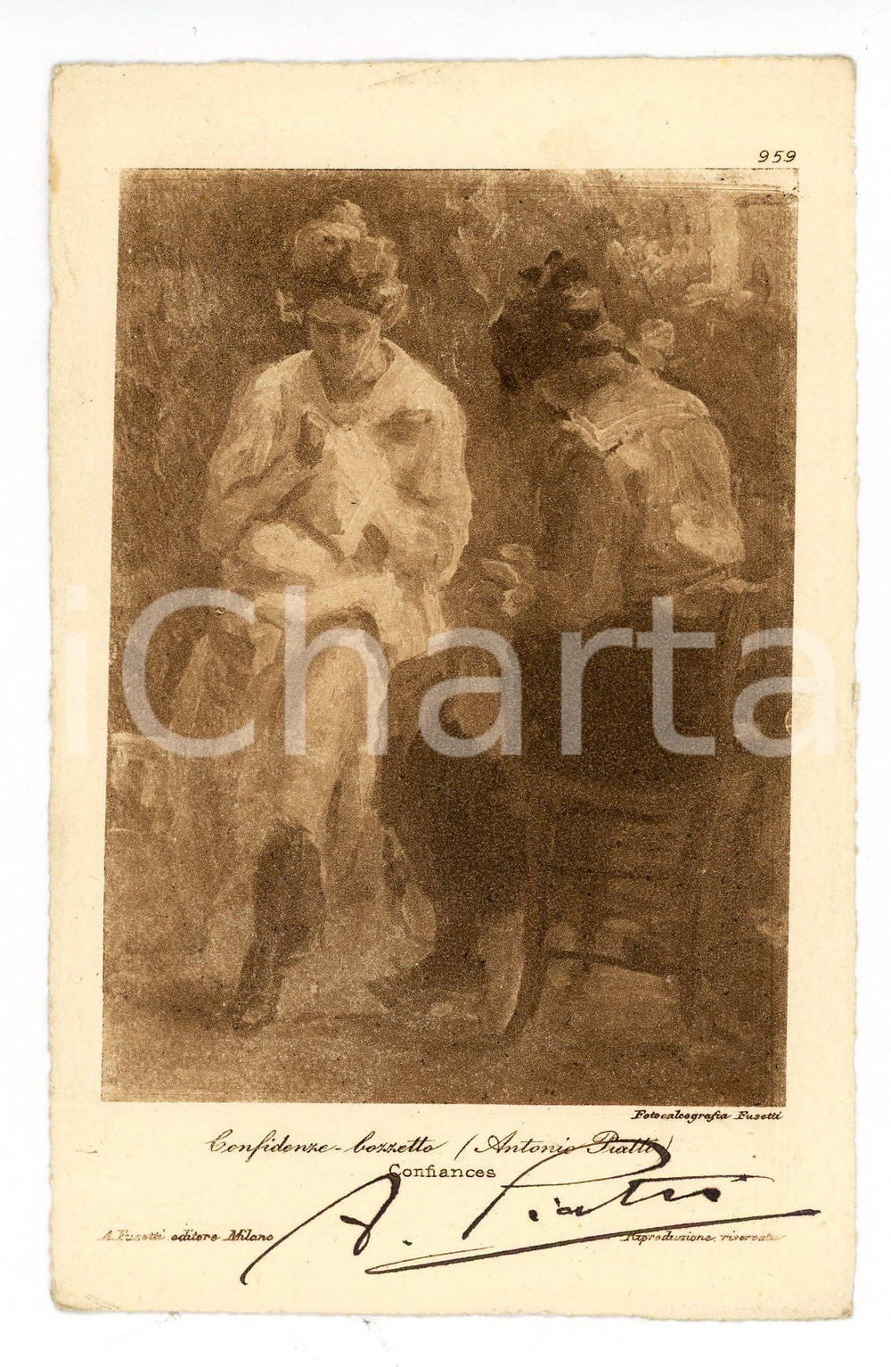 1920 ca Pittore Antonio PIATTI "Confidenze" - Cartolina postale con AUTOGRAFO