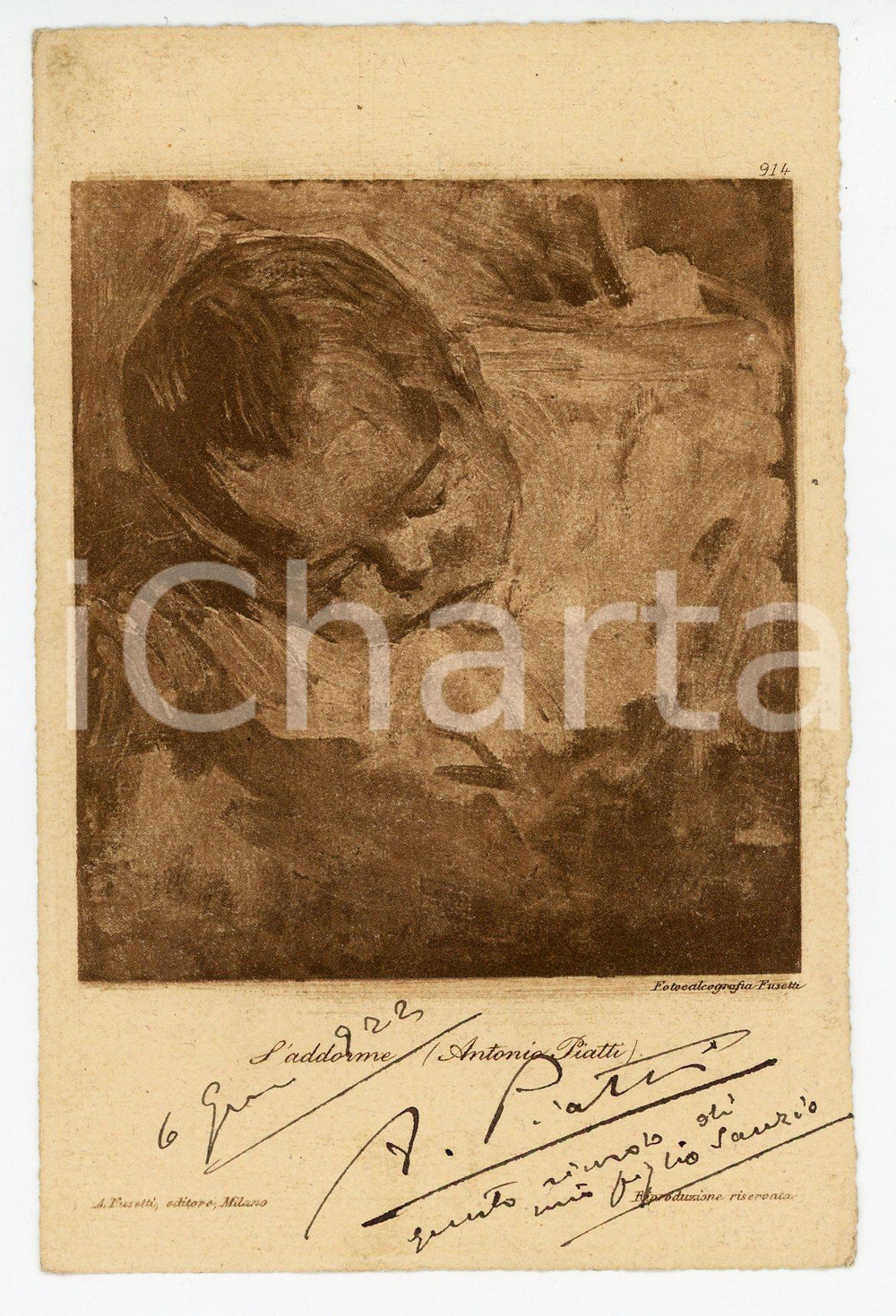 1922 Antonio PIATTI "L'addorme" (Ritratto del figlio) - Cartolina con AUTOGRAFO