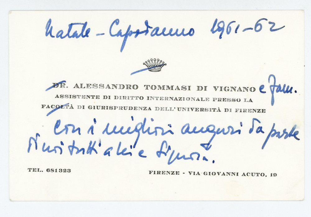 1961 Università di FIRENZE Biglietto Alessandro TOMMASI DI VIGNANO - Autografo