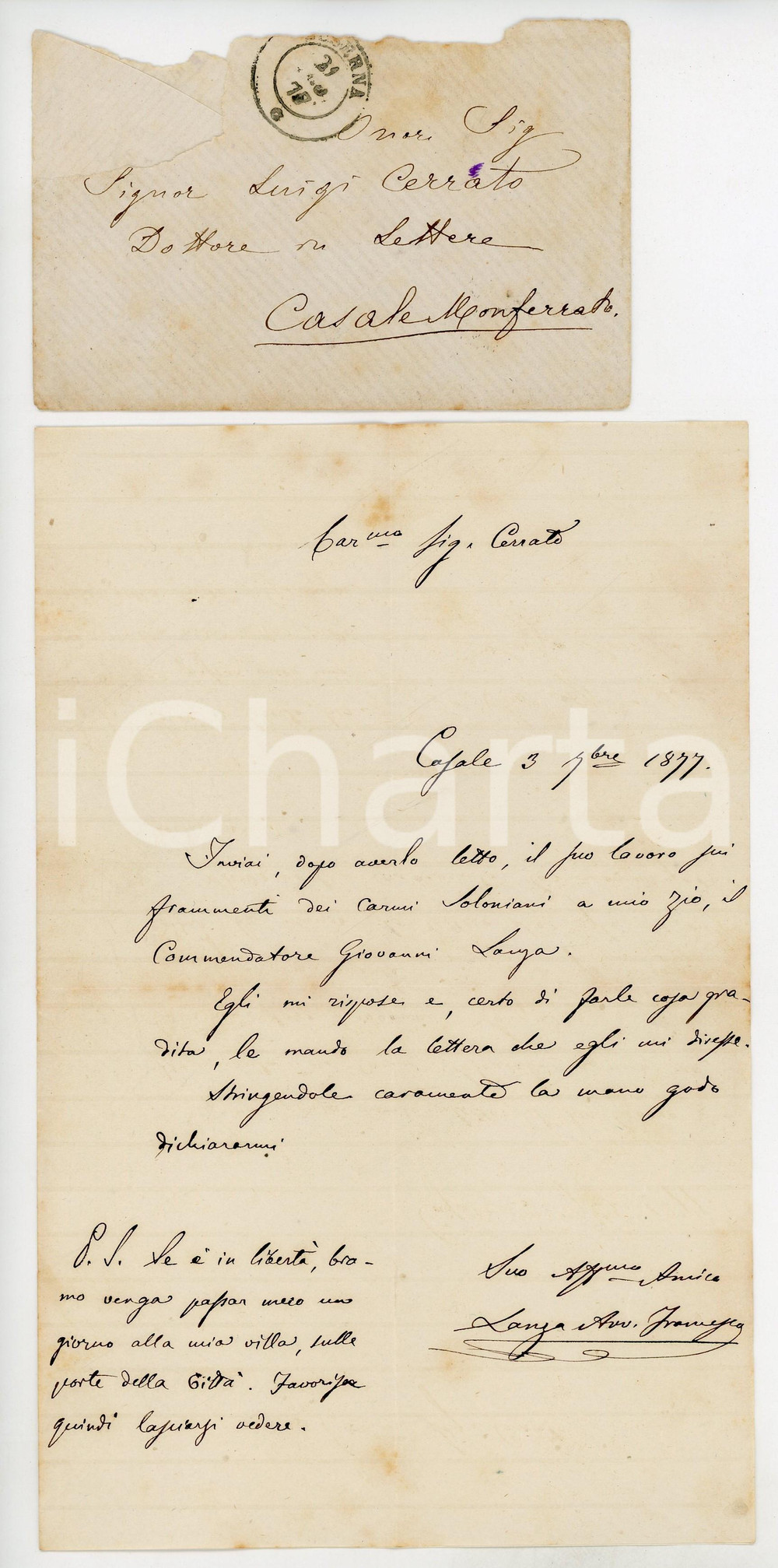 1877 CASALE MONFERRATO Lettera avv. Francesco LANZA per invio saggio *Autografo