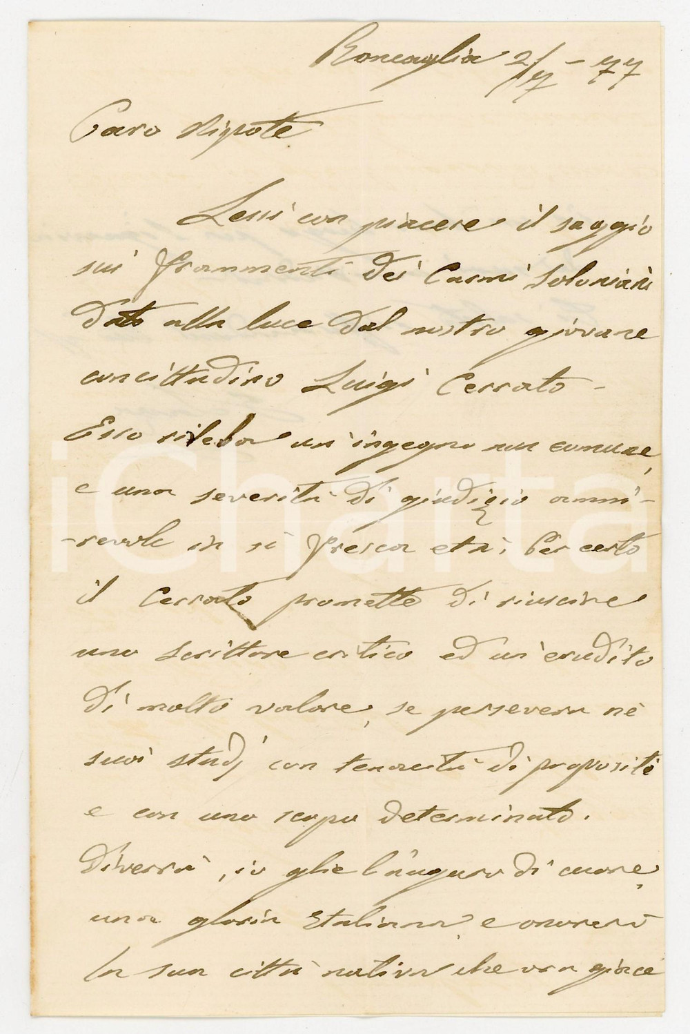 1877 RONCAGLIA Giovanni LANZA ringrazia per un saggio ricevuto *Autografo