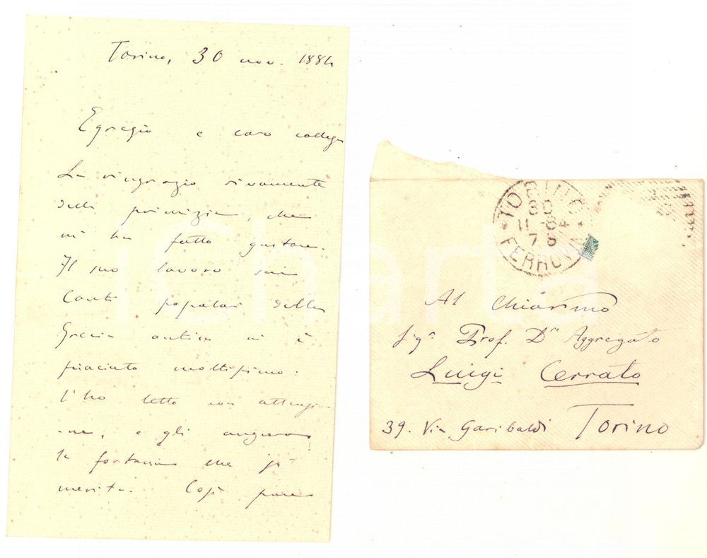 1884 TORINO Lettera archeologo Ermanno FERRERO a un collega - AUTOGRAFO