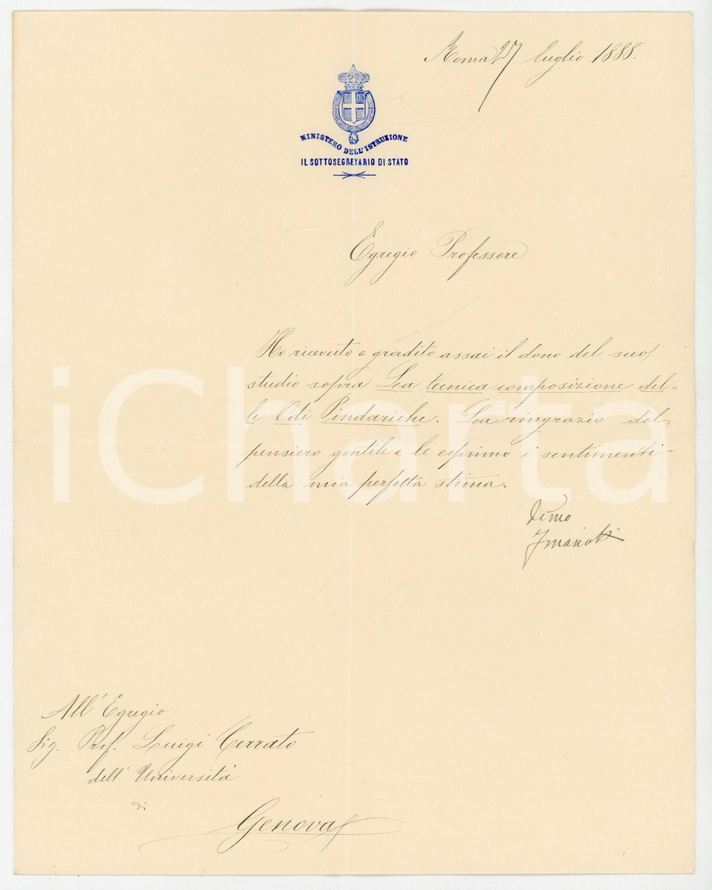 1888 ROMA Lettera sottosegretario Filippo MARIOTTI per libro *AUTOGRAFO