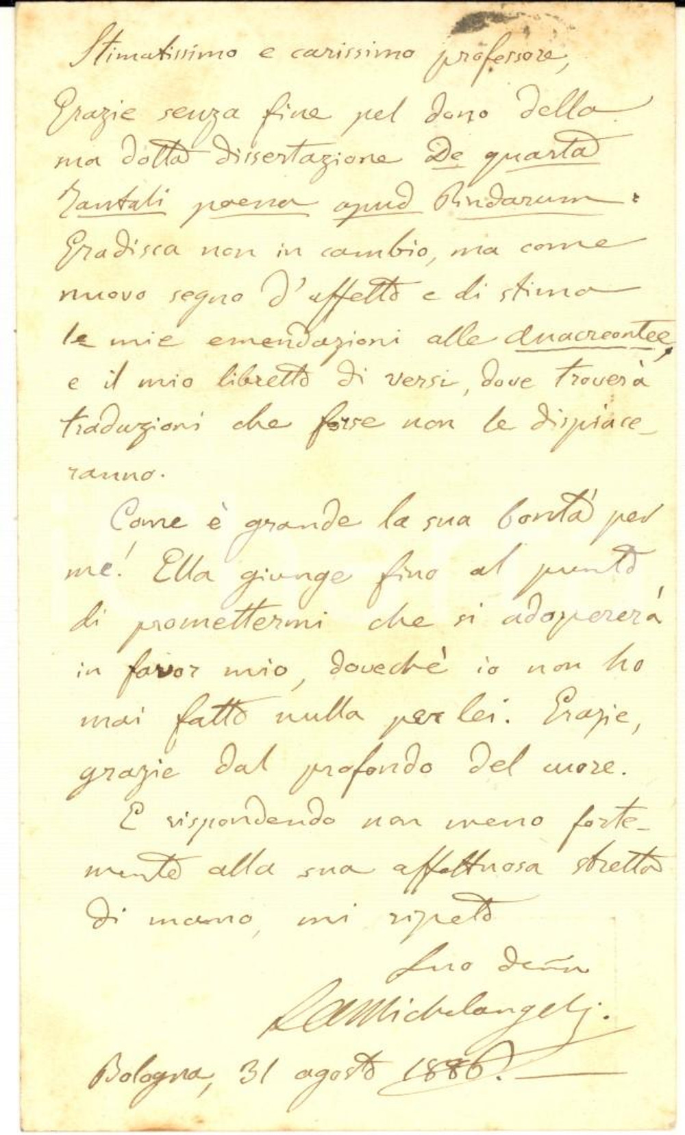 1886 BOLOGNA Luigi ALESSANDRO MICHELANGELI invia un articolo - AUTOGRAFO