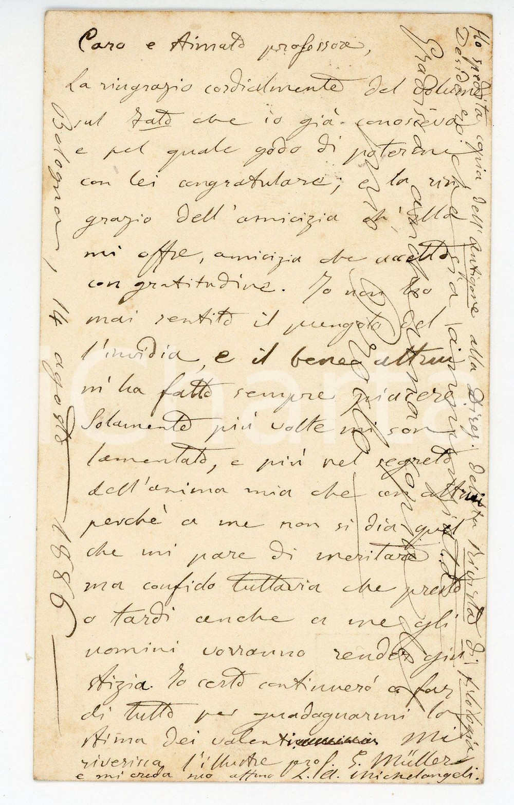 1886 BOLOGNA Luigi ALESSANDRO MICHELANGELI ringrazia Luigi CERRATO - AUTOGRAFO