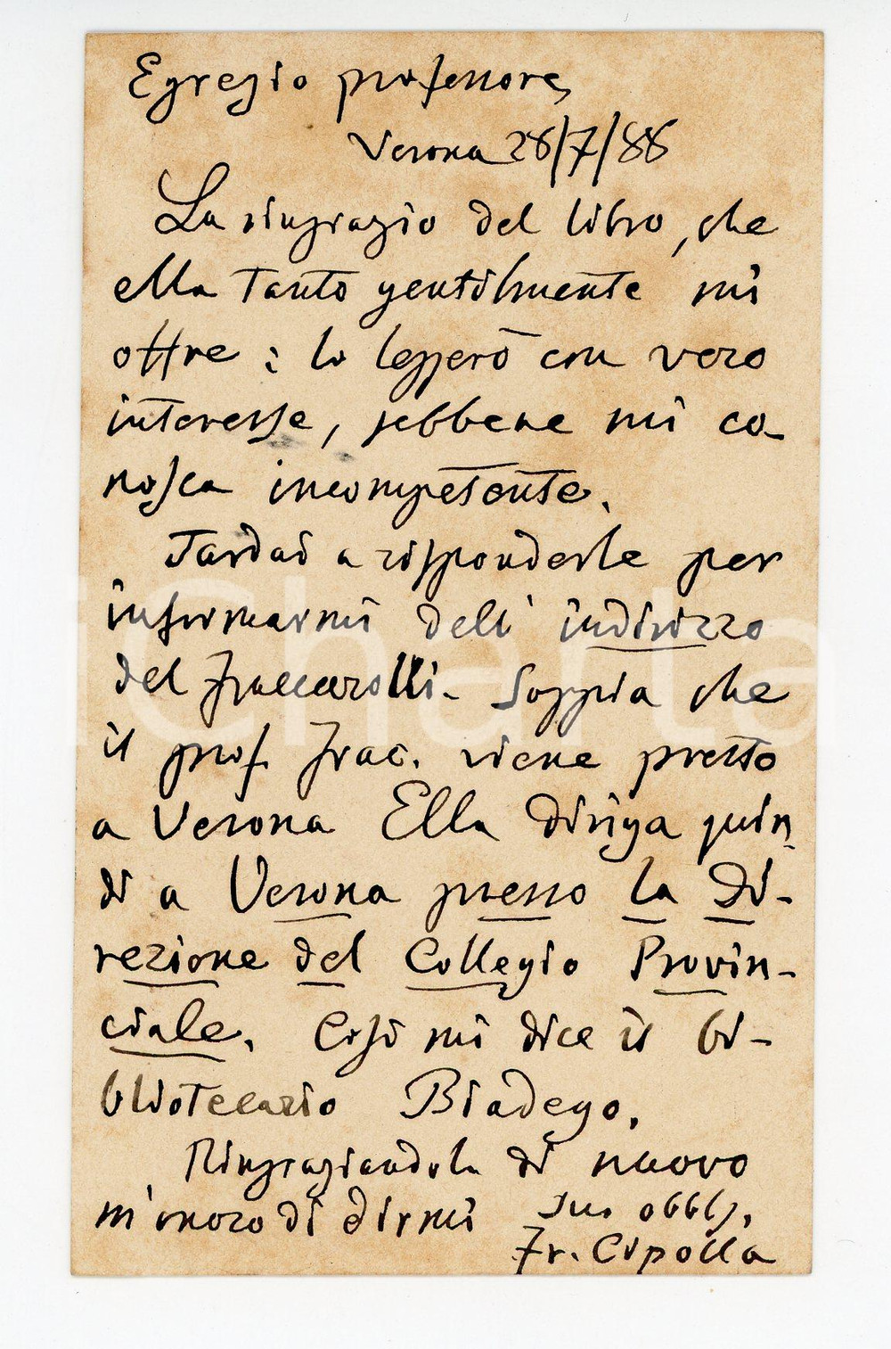 1888 VERONA Cartolina Francesco CIPOLLA a Luigi CERRATO per libro ricevuto