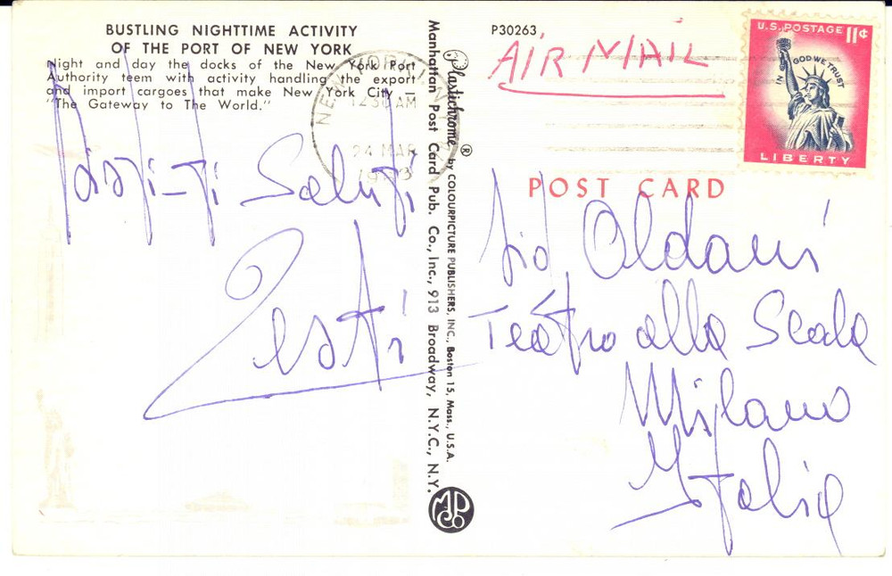 1963 NEW YORK Cartolina baritono Lorenzo TESTI a Luigi Oldani - AUTOGRAFO FG VG