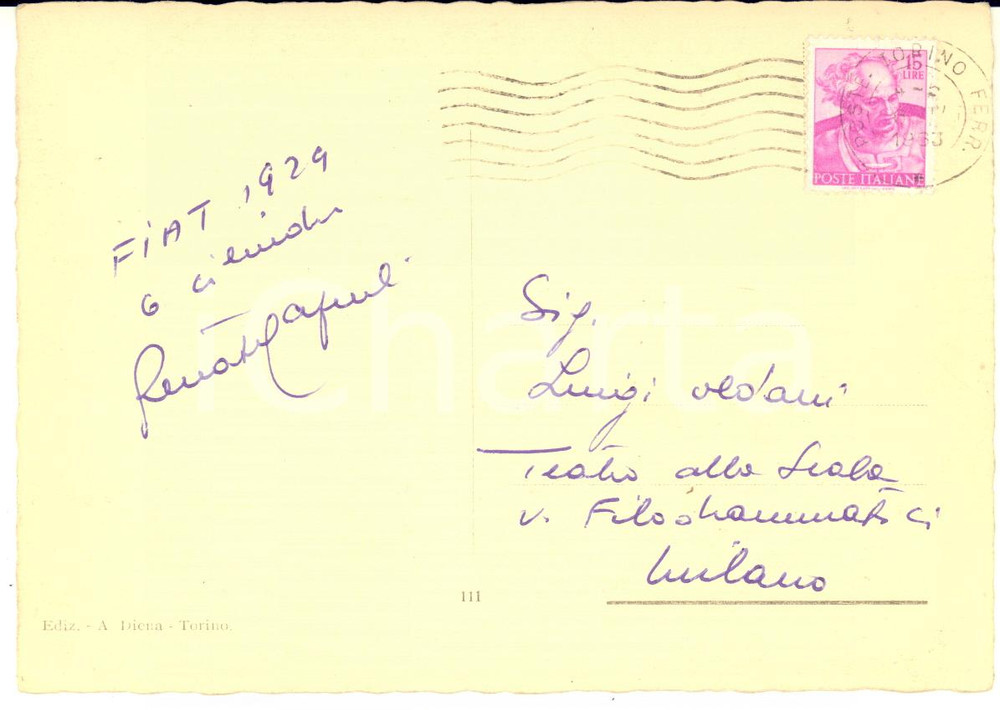 1963 TORINO Cartolina baritono Renato CAPECCHI a Luigi Oldani - AUTOGRAFO FG VG