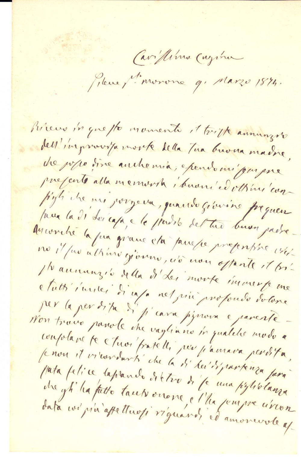 1874 CORTEOLONA Lettera notaio Francesco CATTANEO per condoglianze - Autografo