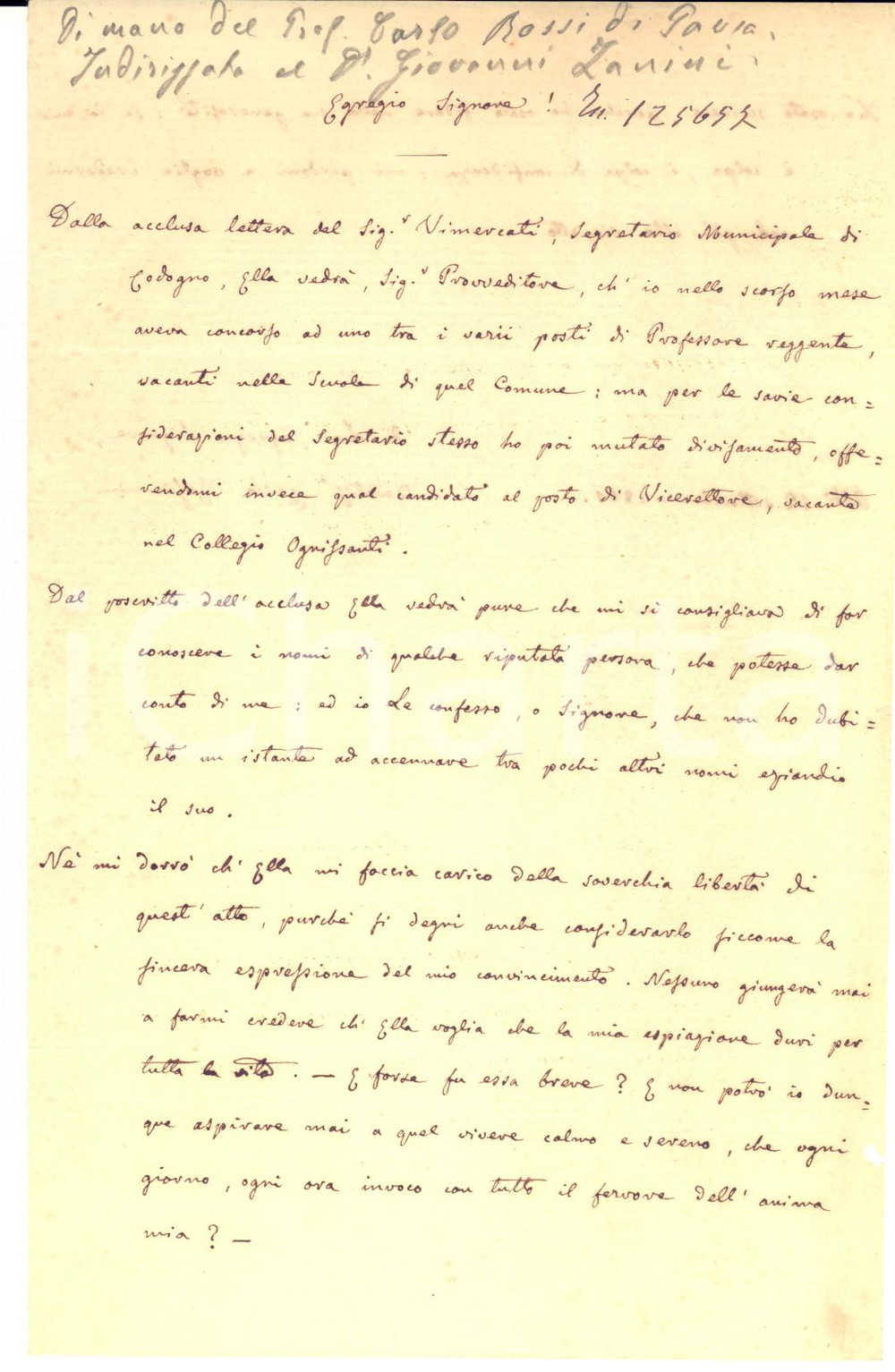 1861 PAVIA Lettera prof. Carlo ROSSI per referenze in un concorso scolastico