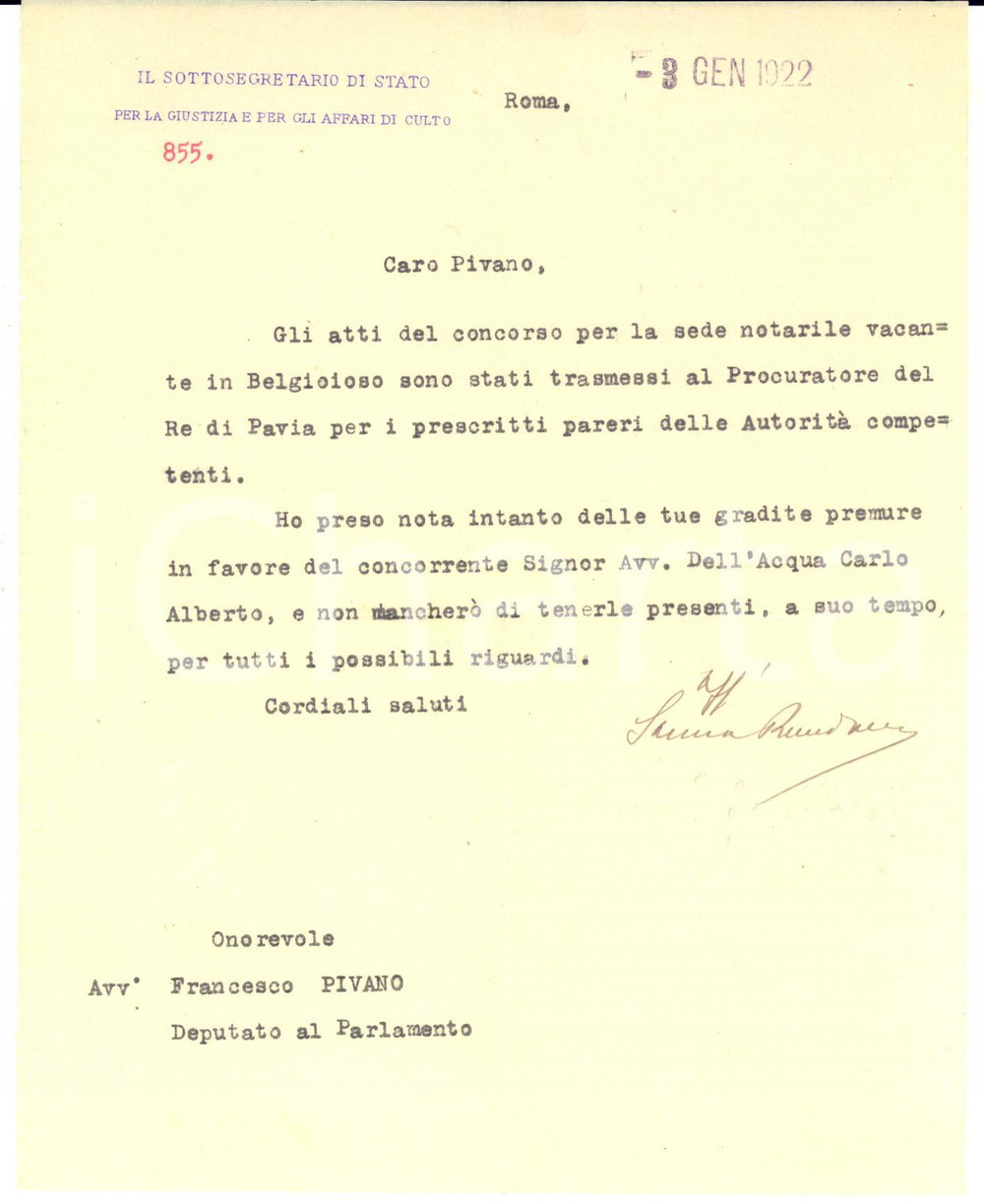 1922 ROMA Lettera sottosegretario Giuseppe SANNA RANDACCIO - Autografo