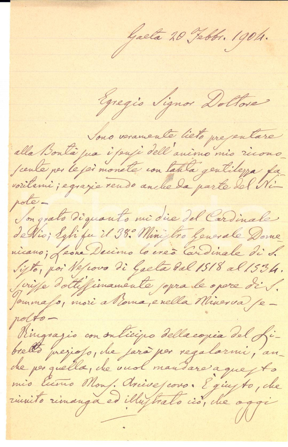 1904 GAETA Lettera arcidiacono Giuseppe Maria DE VIO per libretto *Autografo