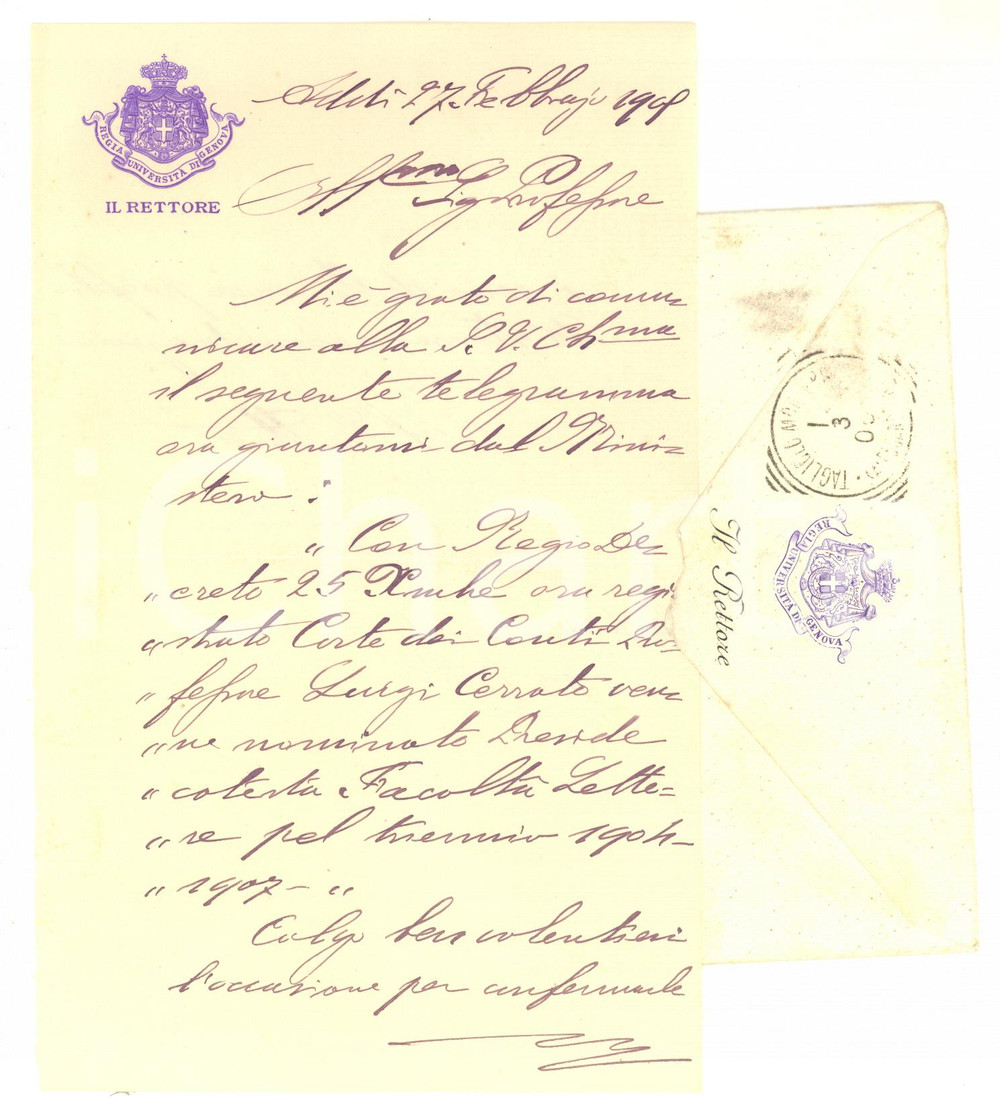 1905 Università di GENOVA Rettore Corrado PARONA per nomina preside  - Autografo