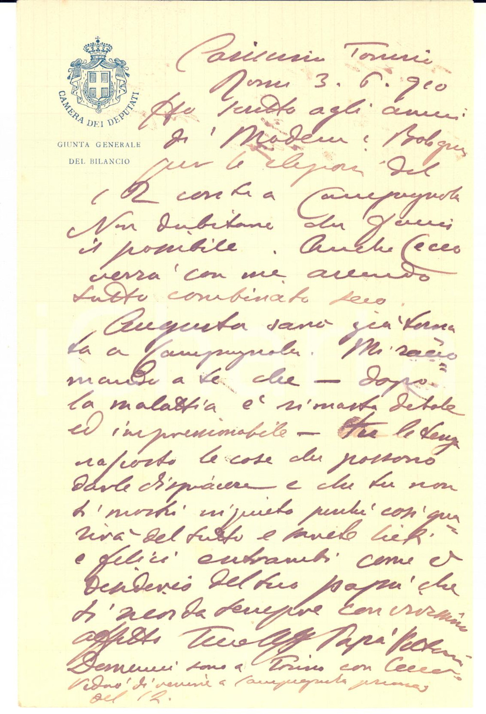 1910 ROMA Camera Deputati - Lettera on. Vittorio COTTAFAVI al figlio - Autografo
