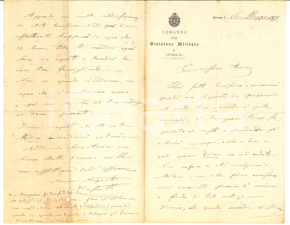 Autografo originale 1879 VERONA Comando Divisione Militare  Augusto COSSOTTI ricorda Nino BIXIO 1