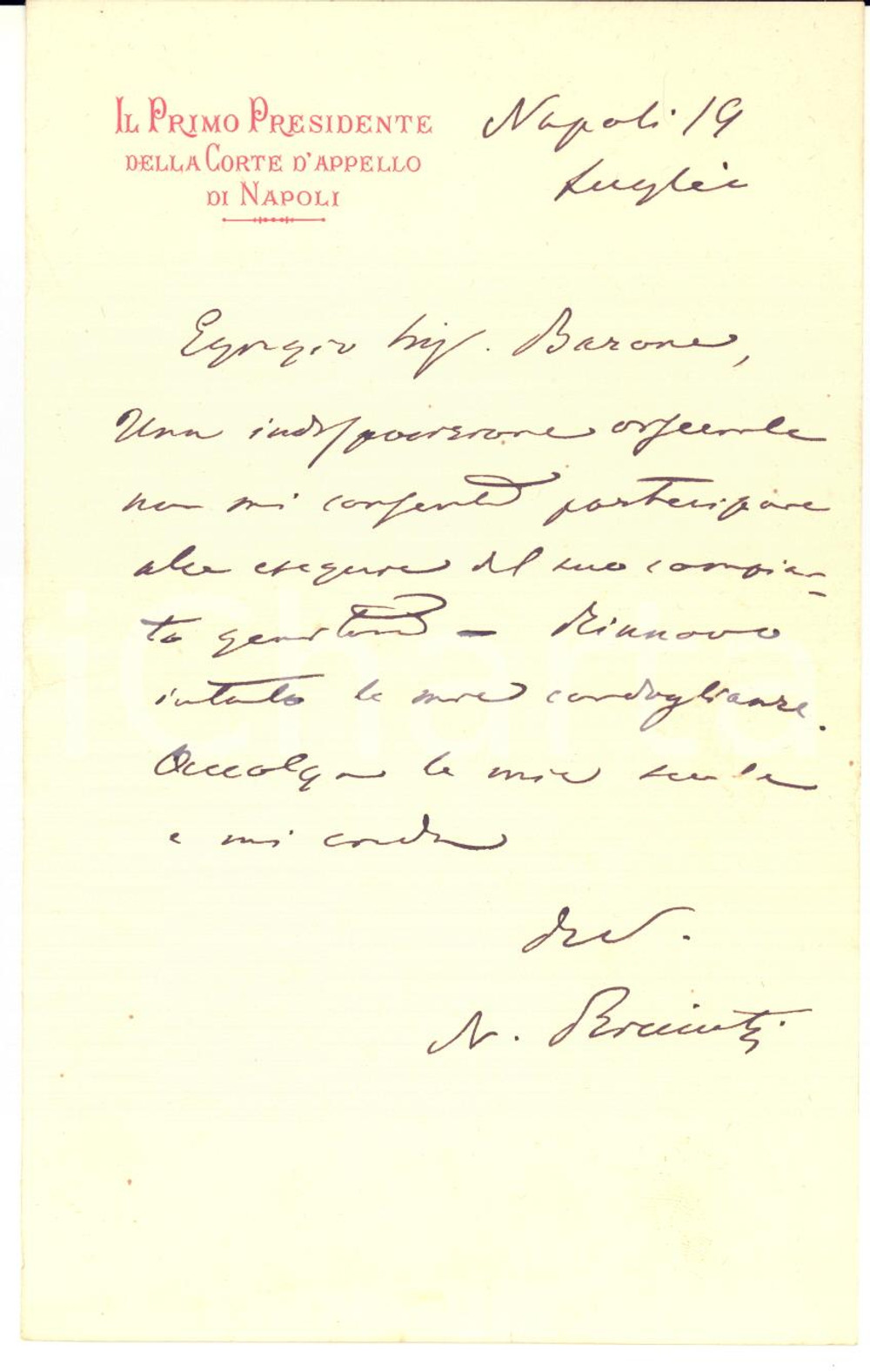 1905 ca NAPOLI Nicola RICCIUTI Primo Presidente della Corte d'Appello *AUTOGRAFO