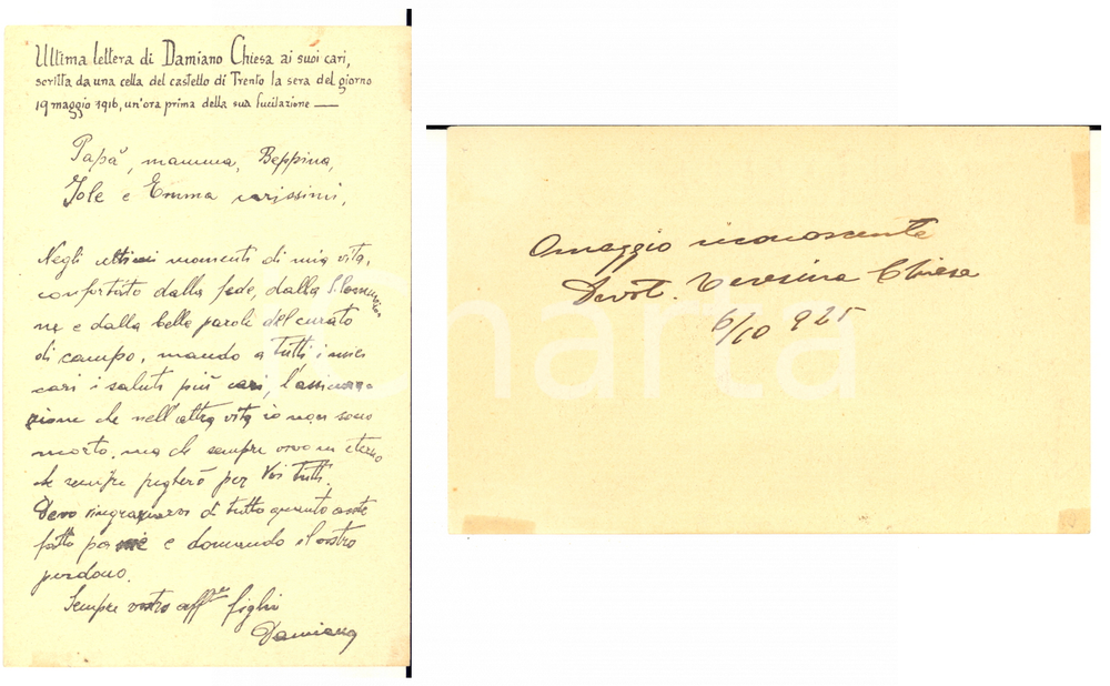 1925 Cartolina Teresina MARZARI madre di Damiano CHIESA - Autografo FP