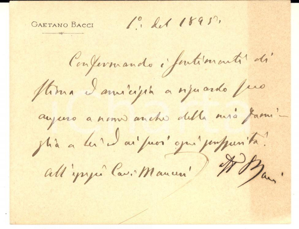 1895 ca LIVORNO On. Gaetano BACCI - Biglietto per auguri  - AUTOGRAFO