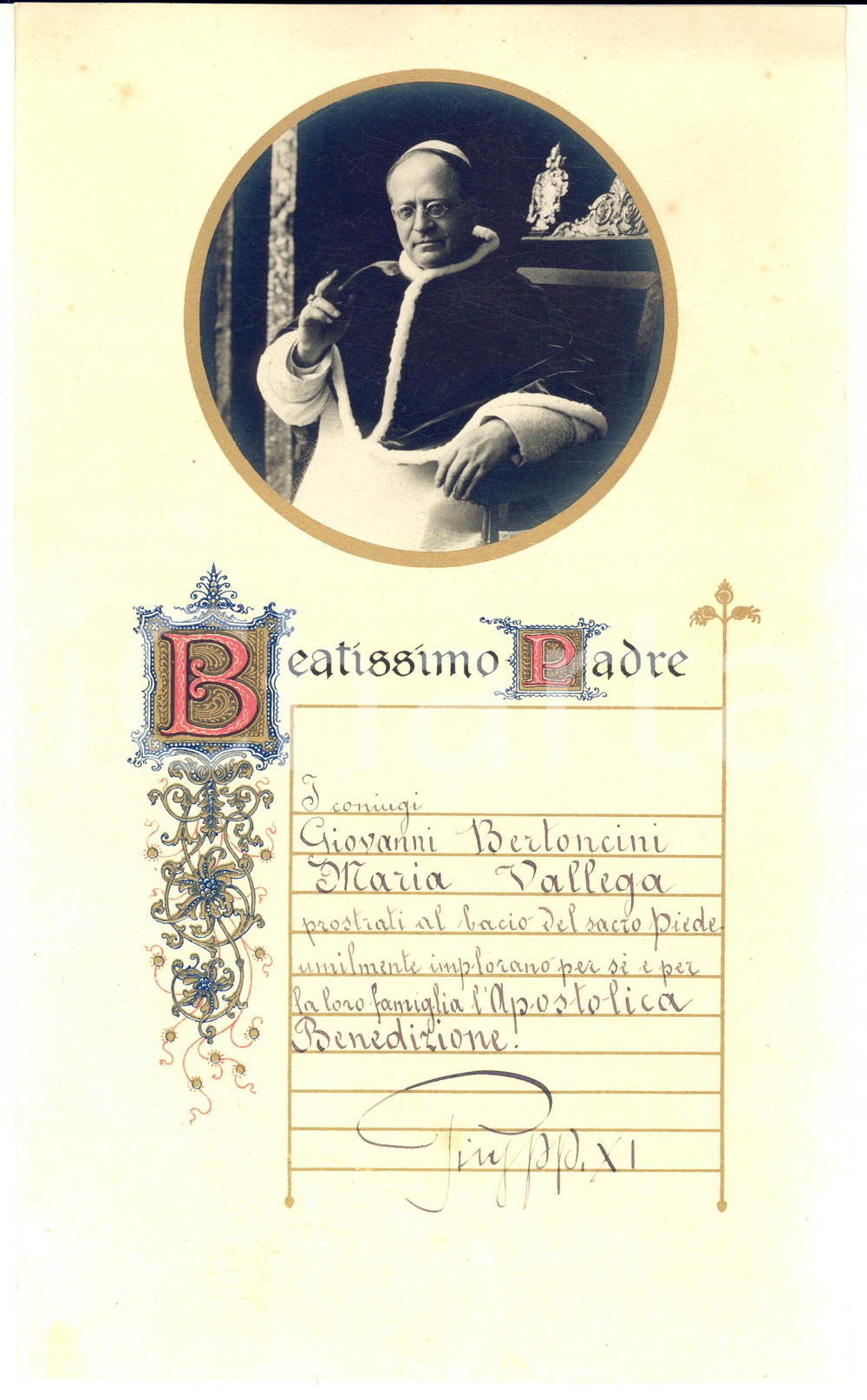 1930 ca Papa PIO XI - Attestato di benedizione BERTONCINI con foto - AUTOGRAFO