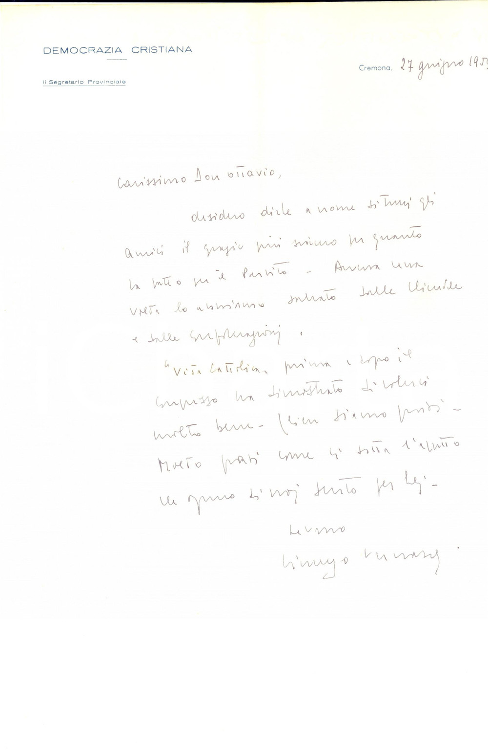 1959 CREMONA DEMOCRAZIA CRISTIANA Lettera Vincenzo VERNASCHI - AUTOGRAFO