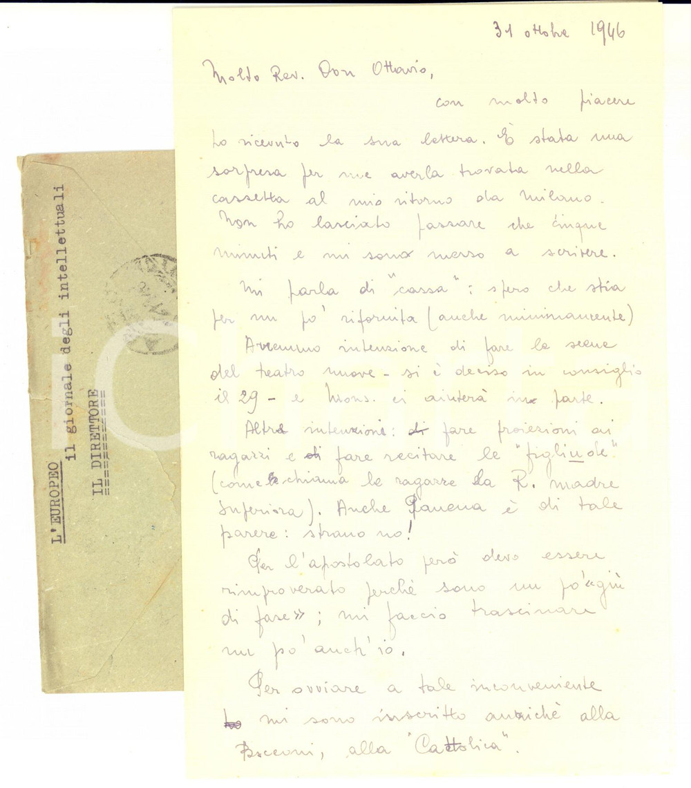 1946 CREMONA "L'EUROPEO" Lettera Silvano BIZZARI a don BORSIERI - AUTOGRAFO