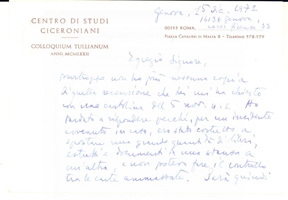 1972 GENOVA Centro di Studi Ciceroniani - Biglietto Giulio PUCCIONI - AUTOGRAFO