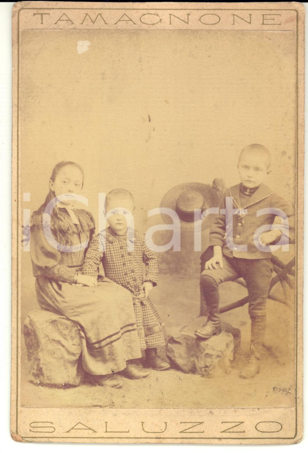 1904 SALUZZO Famiglia GHIO - Ritratto dei tre bambini - Foto TAMAGNONE CURIOSA