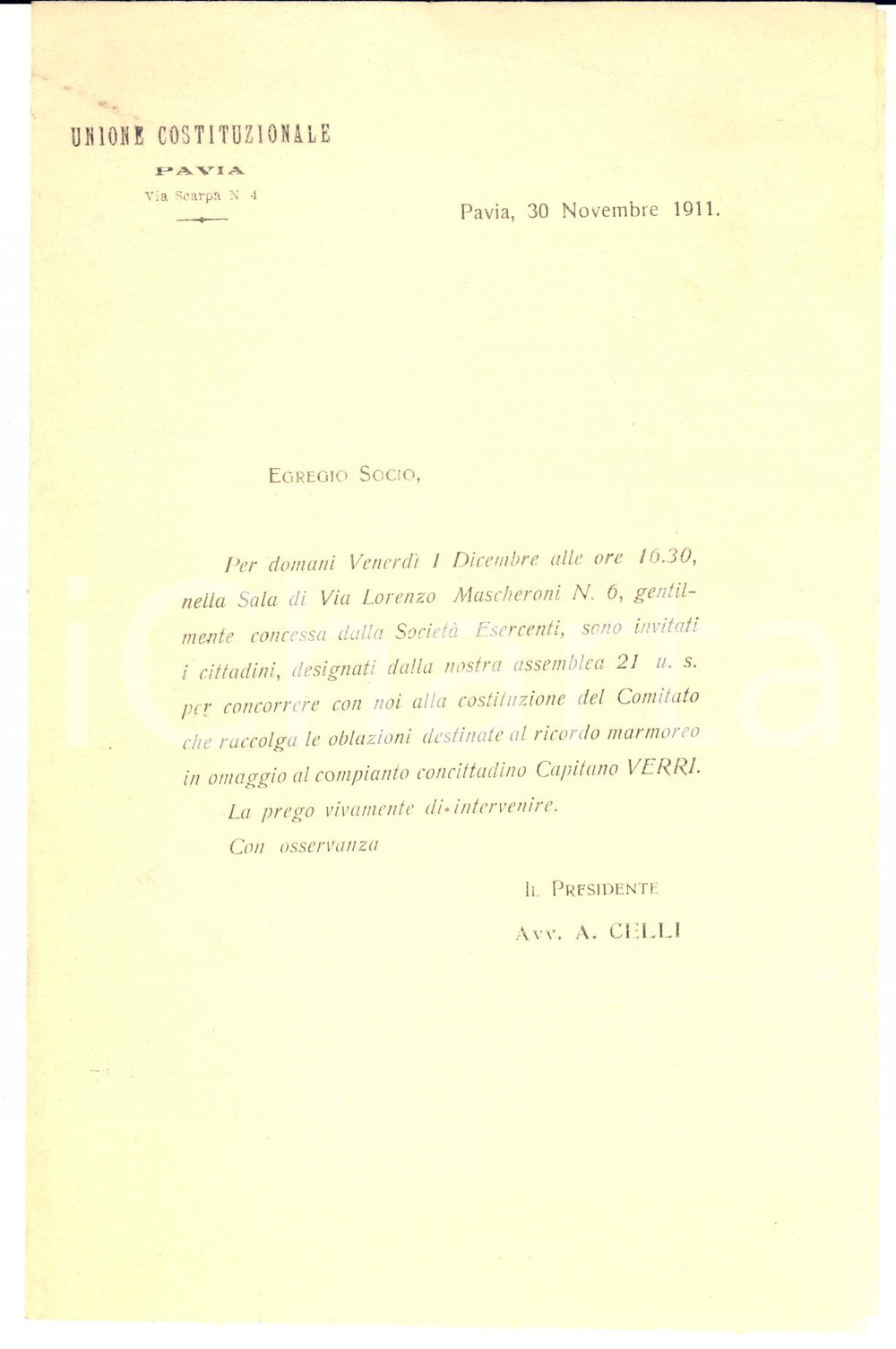 1911 PAVIA Unione Costituzionale - Lettera per comitato Capitano VERRI