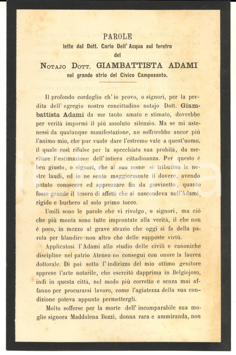 1885 PAVIA Discorso di Carlo DELL'ACQUA in morte del notaio Giambattista ADAMI