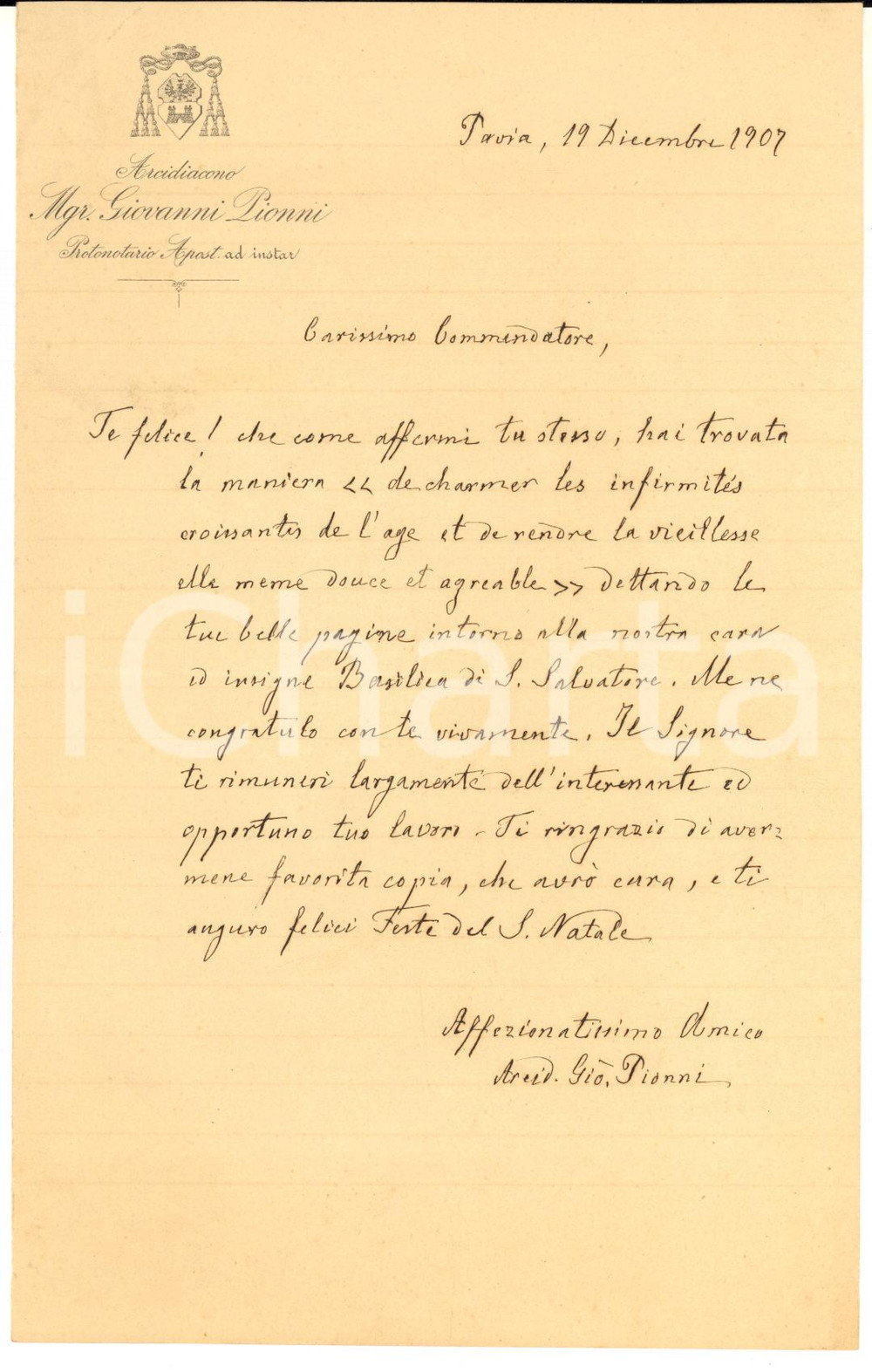 1907 PAVIA Lettera mons. Giovanni PIONNI per saggio su S. Salvatore *AUTOGRAFO