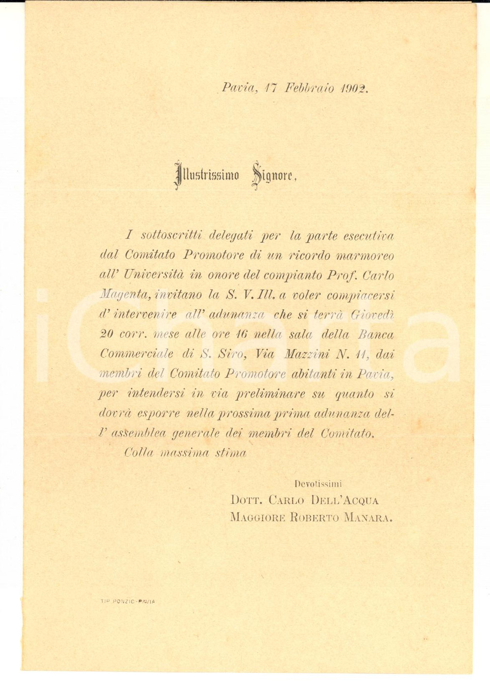 1902 PAVIA Lettera Comitato Promotore del monumento a Carlo MAGENTA