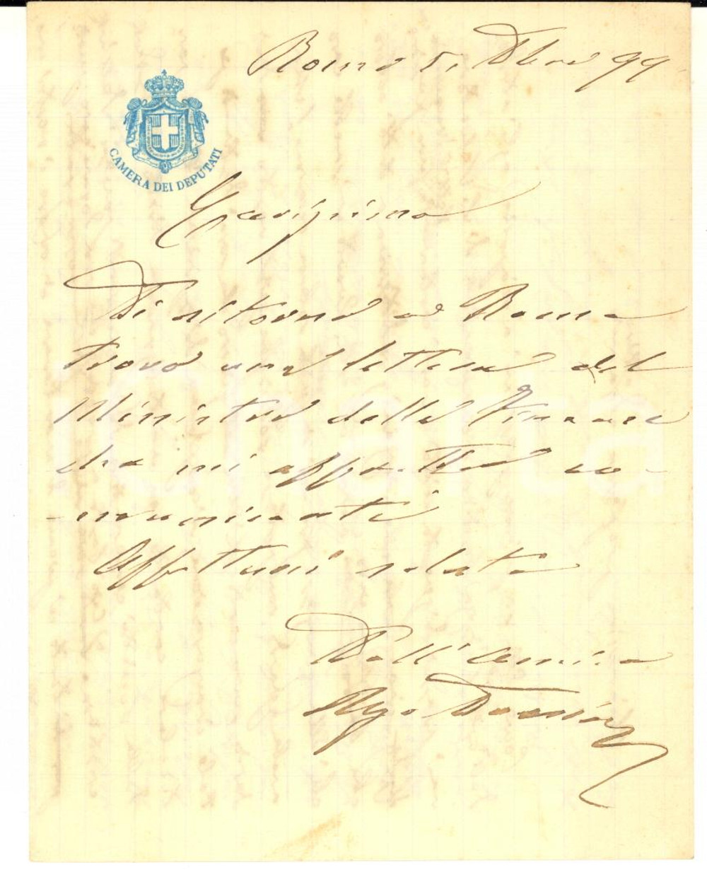 1899 ROMA Lettera on. Ugo DOZZIO per comunicazione ricevuta - Autografo