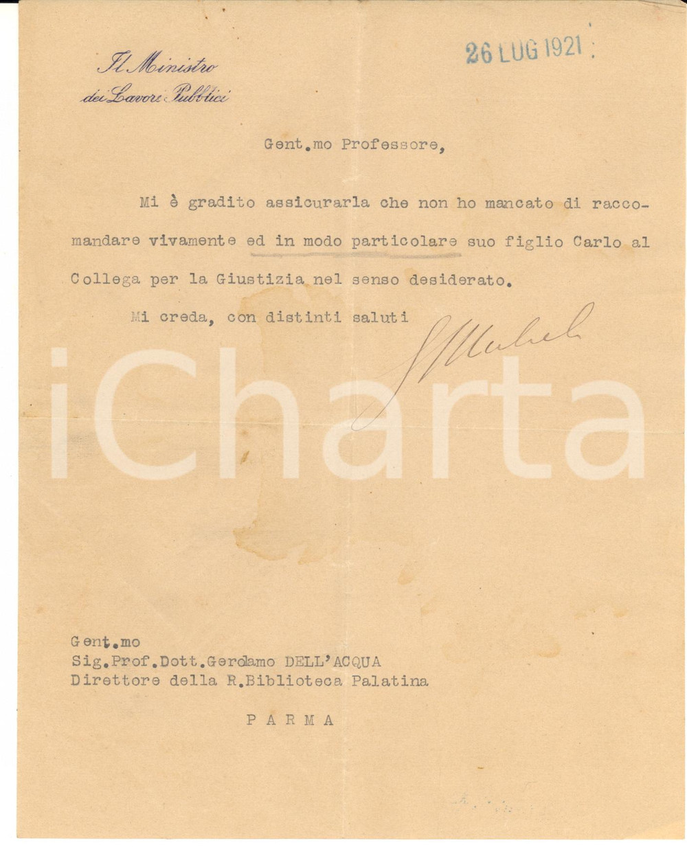 1921 ROMA Lettera ministro Giuseppe MICHELI per raccomandazione - Autografo