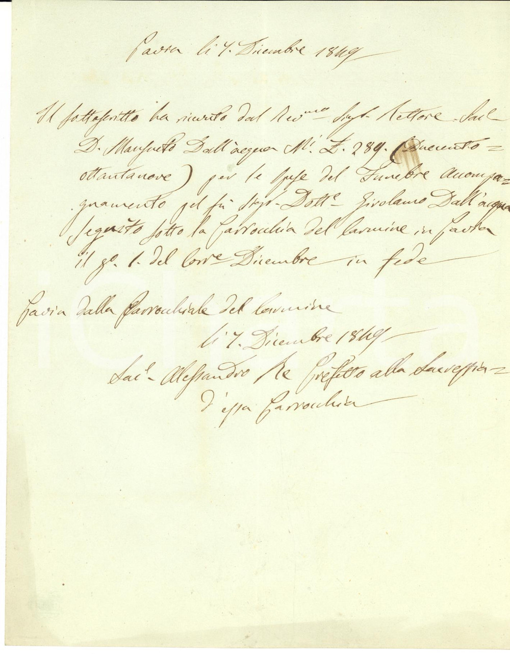 1849 PAVIA Ricevuta don Alessandro RE per esequie presso Parrocchia del Carmine