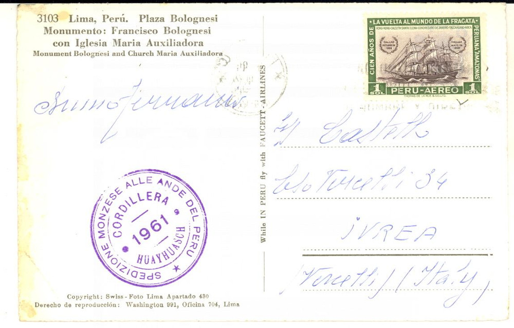 1961 LIMA (PERU') Alpinista Bruno FERRARIO - Spedizione Monzese - AUTOGRAFO