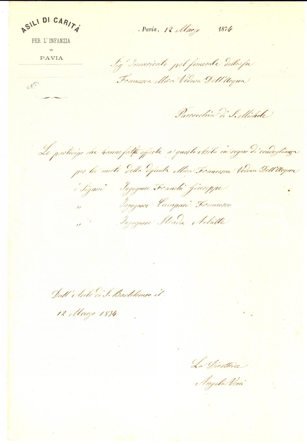 1874 PAVIA Asilo di Carità - Lettera direttrice Angela VERRI per offerte