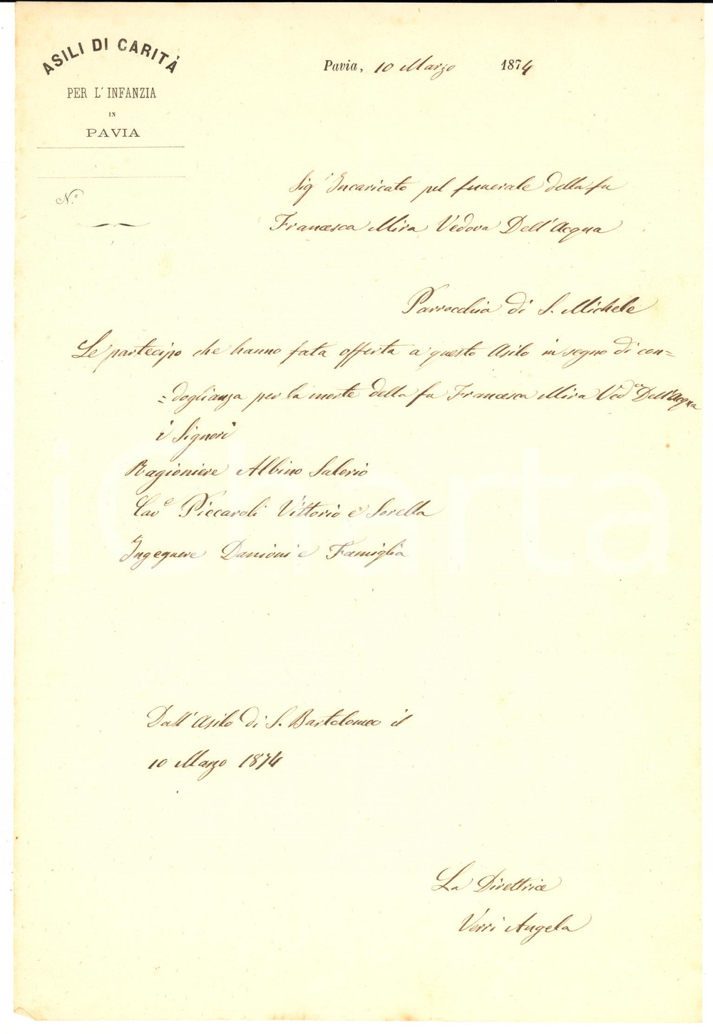 1874 PAVIA Asilo di Carità - Lettera Angela VERRI per offerta condoglianza